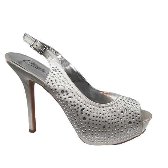 Candie's Silver Satin Gem Embellished Slingback Peep Toe Stilettos Size 8.5 - Picture 1 of 10
